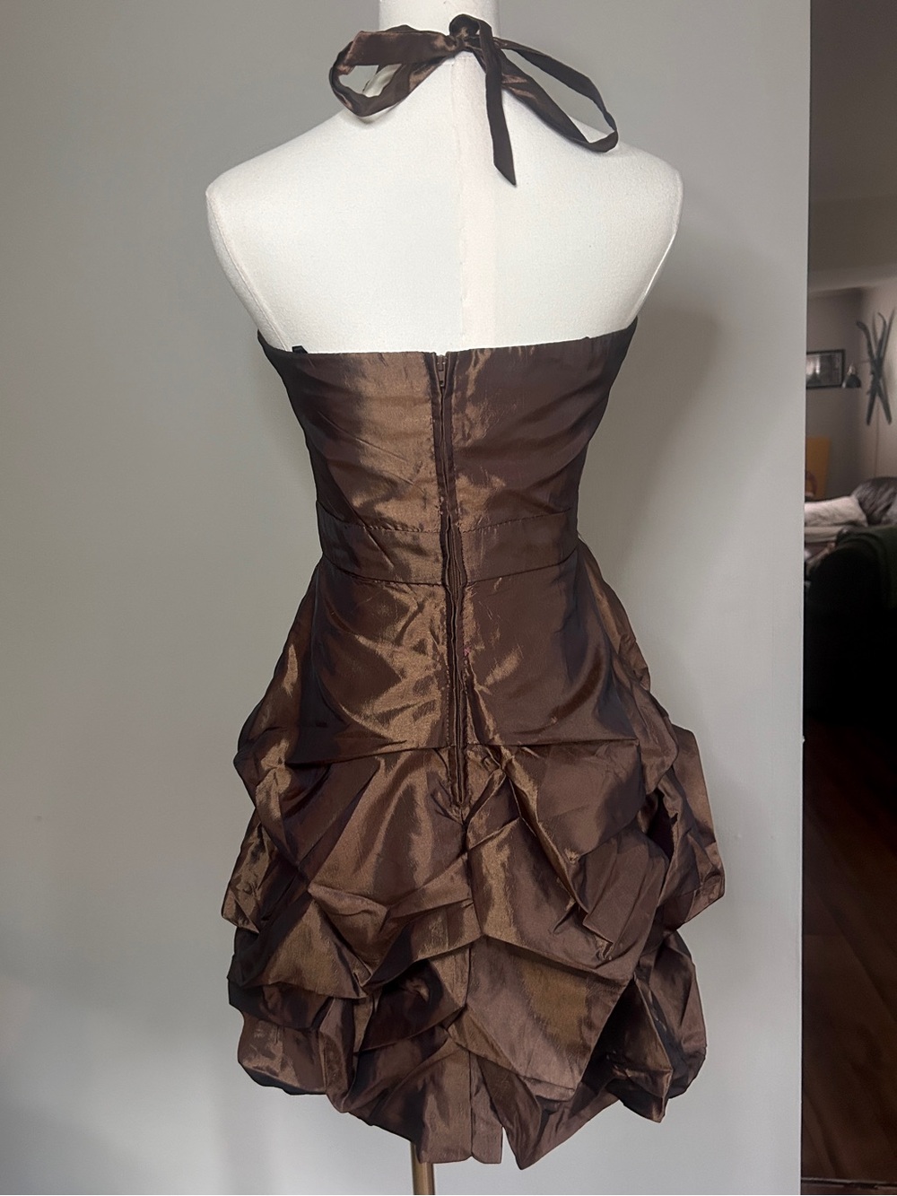 Y2K Masquerade Brown Beaded Halter Ruffle Bubble Hem Party Dress Homecoming 7/8 - Picture 11 of 14